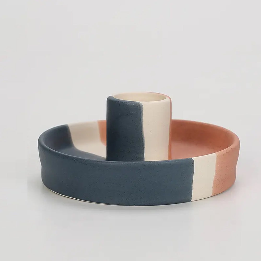 Navy, Coral & Ivory Ceramic Candleholder LT912-M