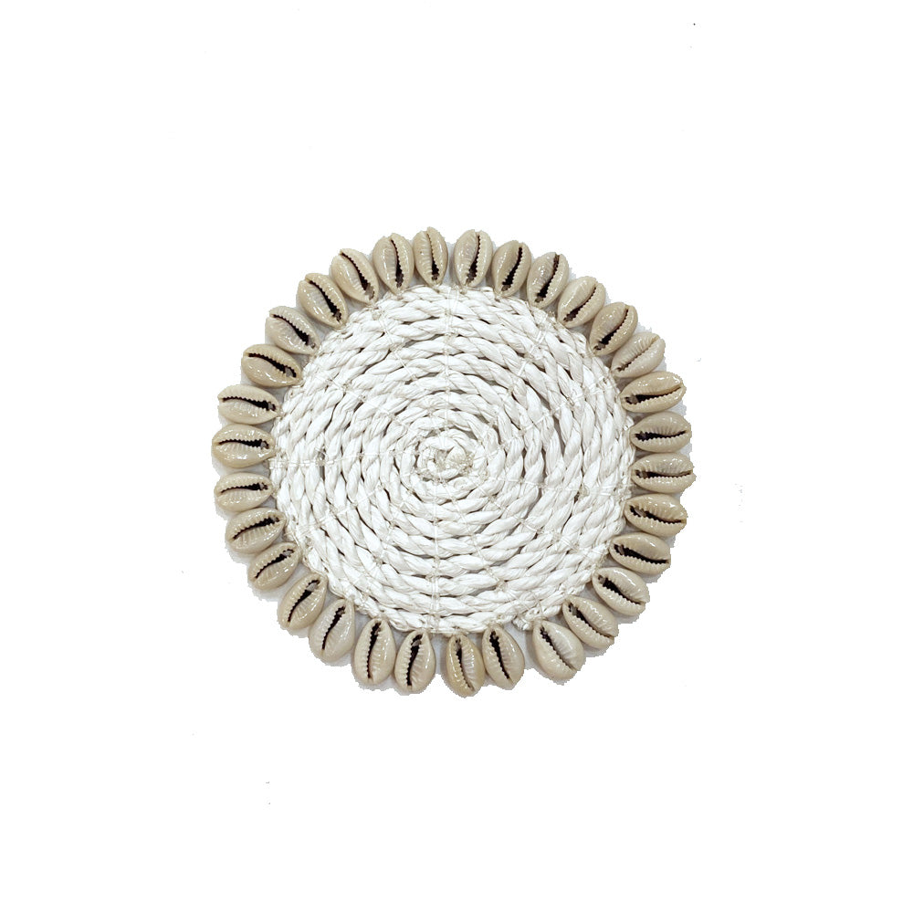 White Raffia Coaster With Shell MRC004