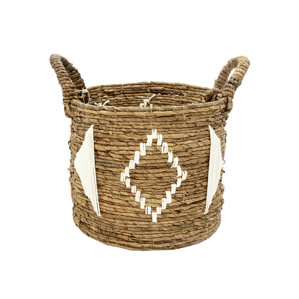 Natural Banana Fiber Basket With White Macrame And Handles - Medium MRC048-M