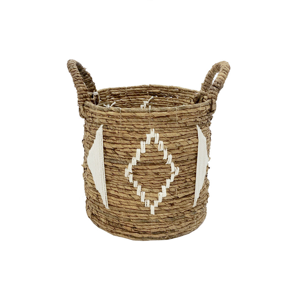 Natural Banana Fiber Basket With White Macrame And Handles - Small MRC048-S