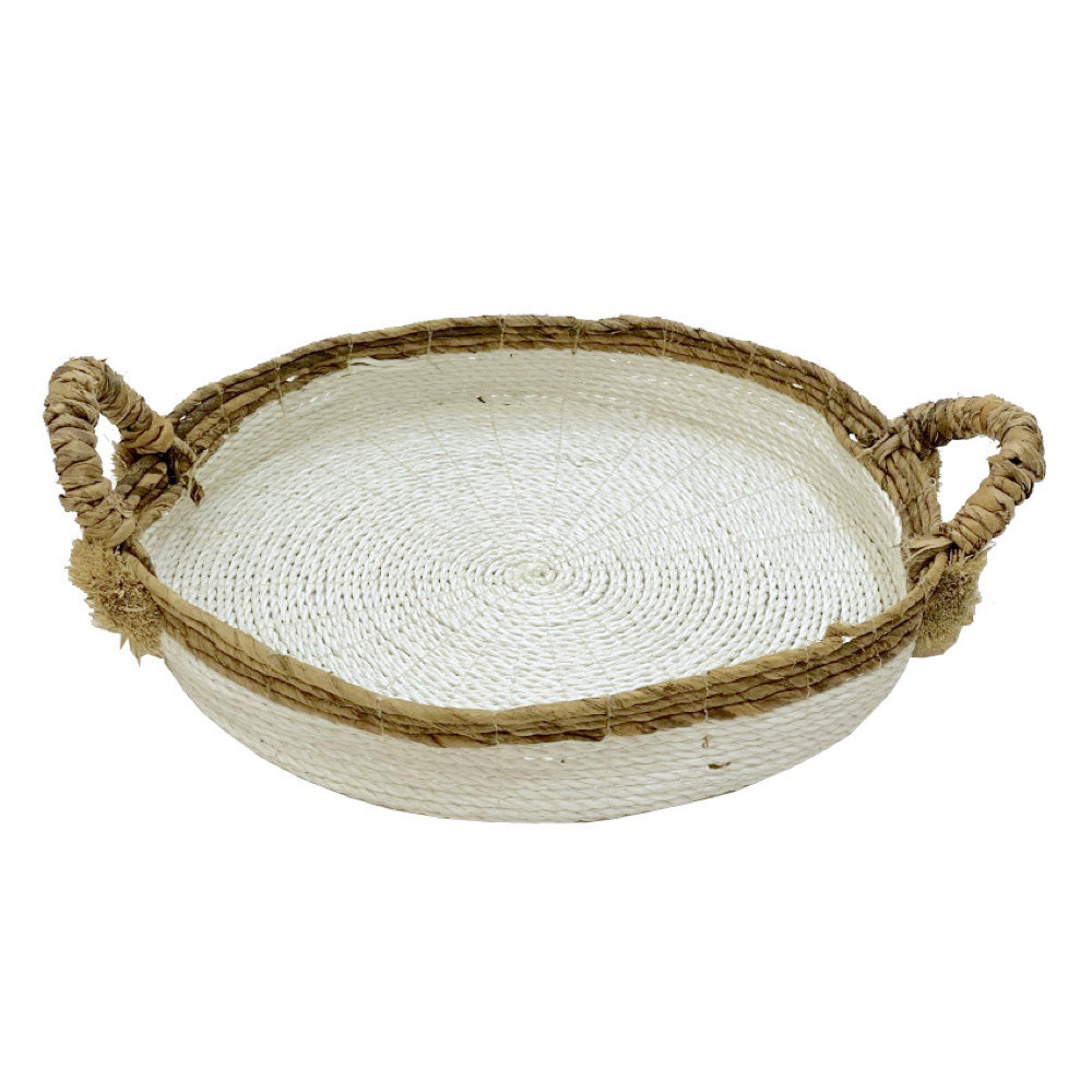 White Raffia Tray With Banana Fiber Edge And Pompom Decoration - Large MRC068-L