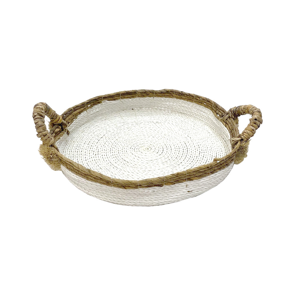 White Raffia Tray With Banana Fiber Edge And Pompom Decoration - Medium MRC068-M
