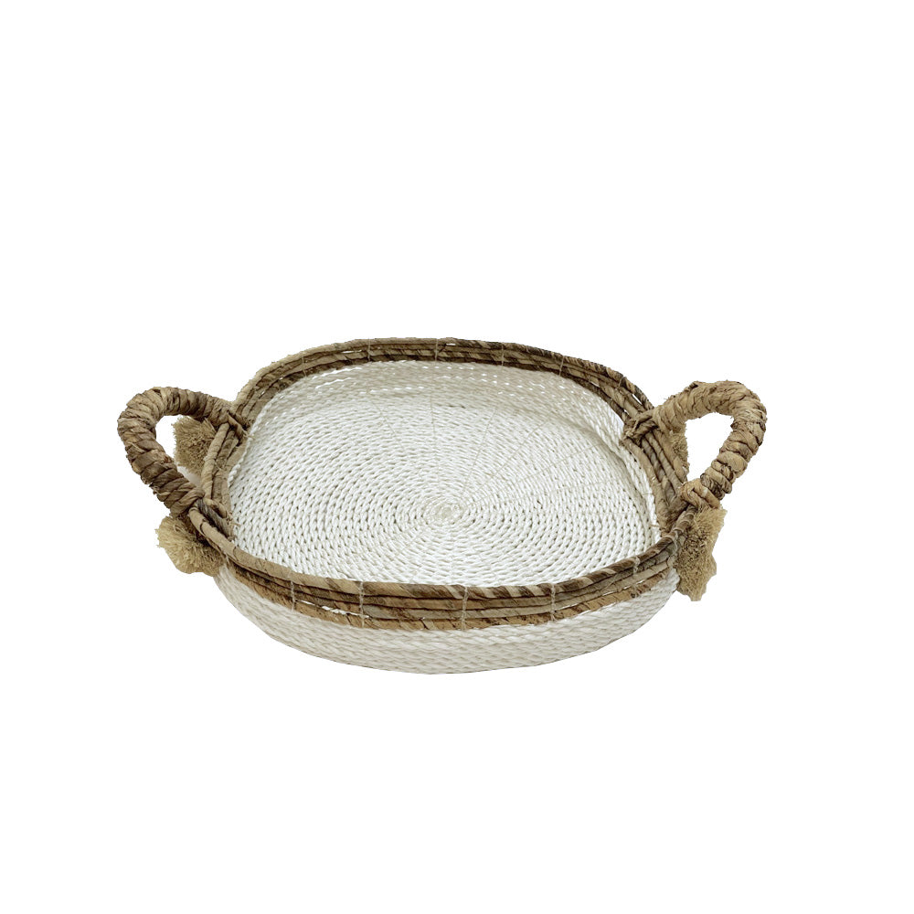 White Raffia Tray With Banana Fiber Edge And Pompom Decoration - Small MRC068-S