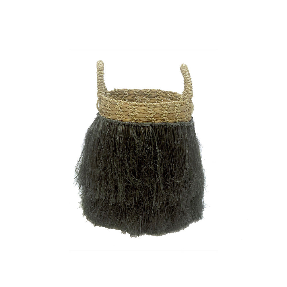 Natural Water Hyacinth And White Raffia Basket With Handles - Small MRC079-S