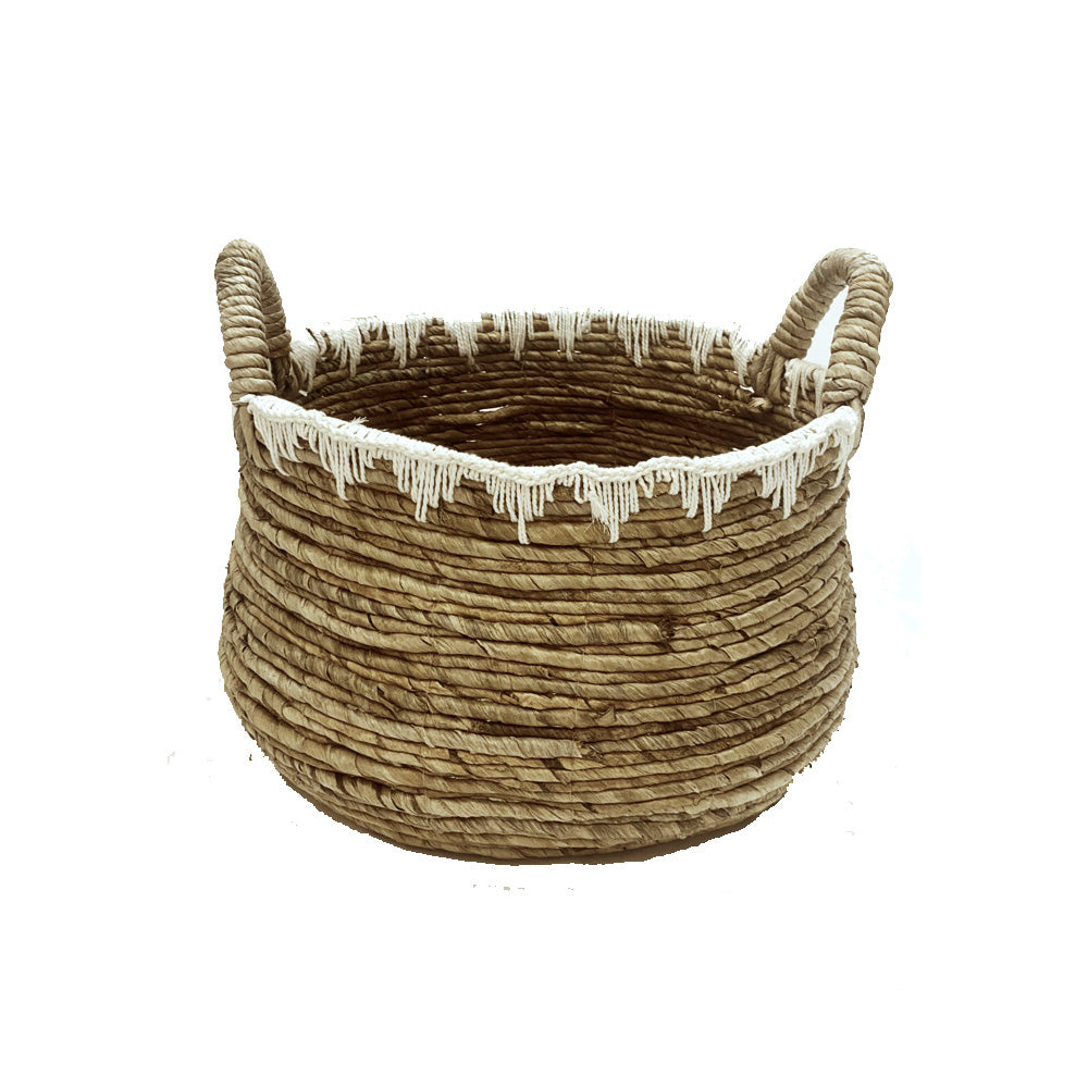 Natural Banana Fiber Basket With White Macrame - Medium MRC089-M