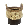 Black Raffia And Banana Fiber Basket With Light Brow Raffia Fringe - Large MRC097-L