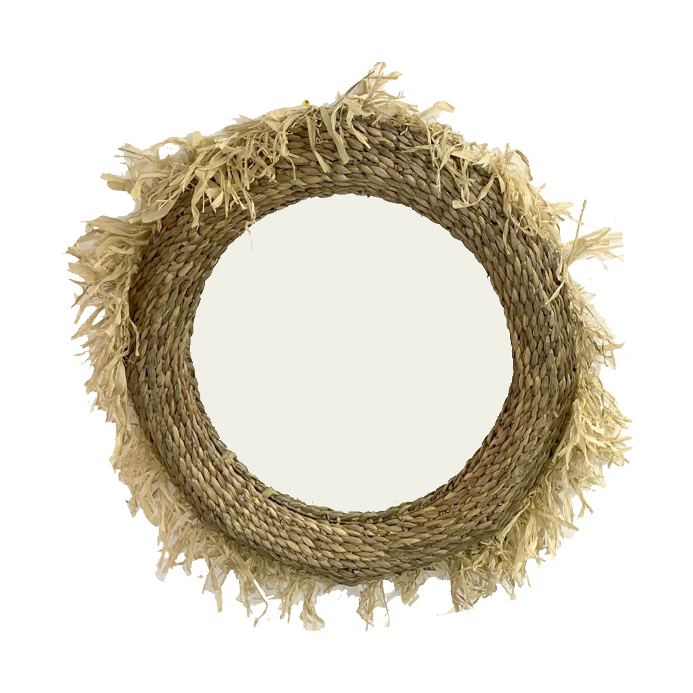 Round Water Hyacinth Mirror With Raffia Fringe MRC225