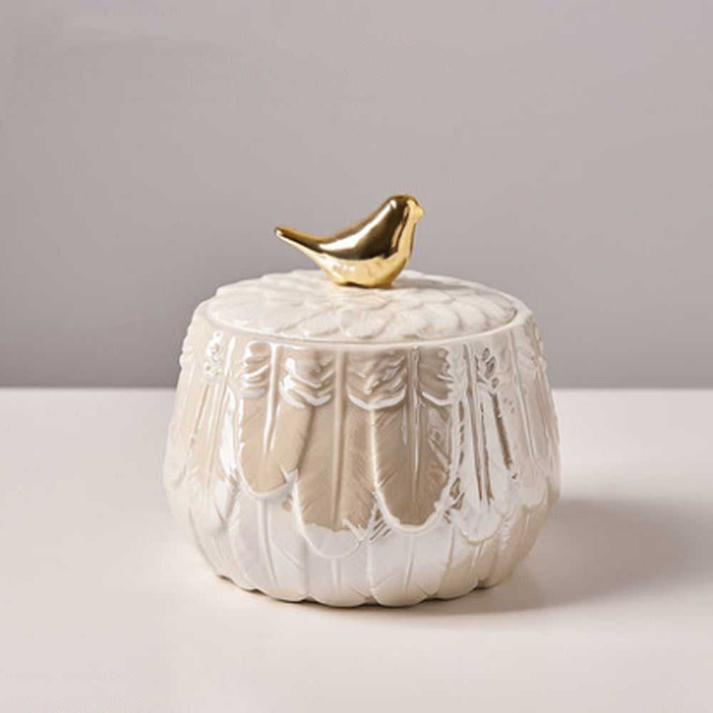 White Ceramic Jar with Gold Bird Detail SHDA0270089