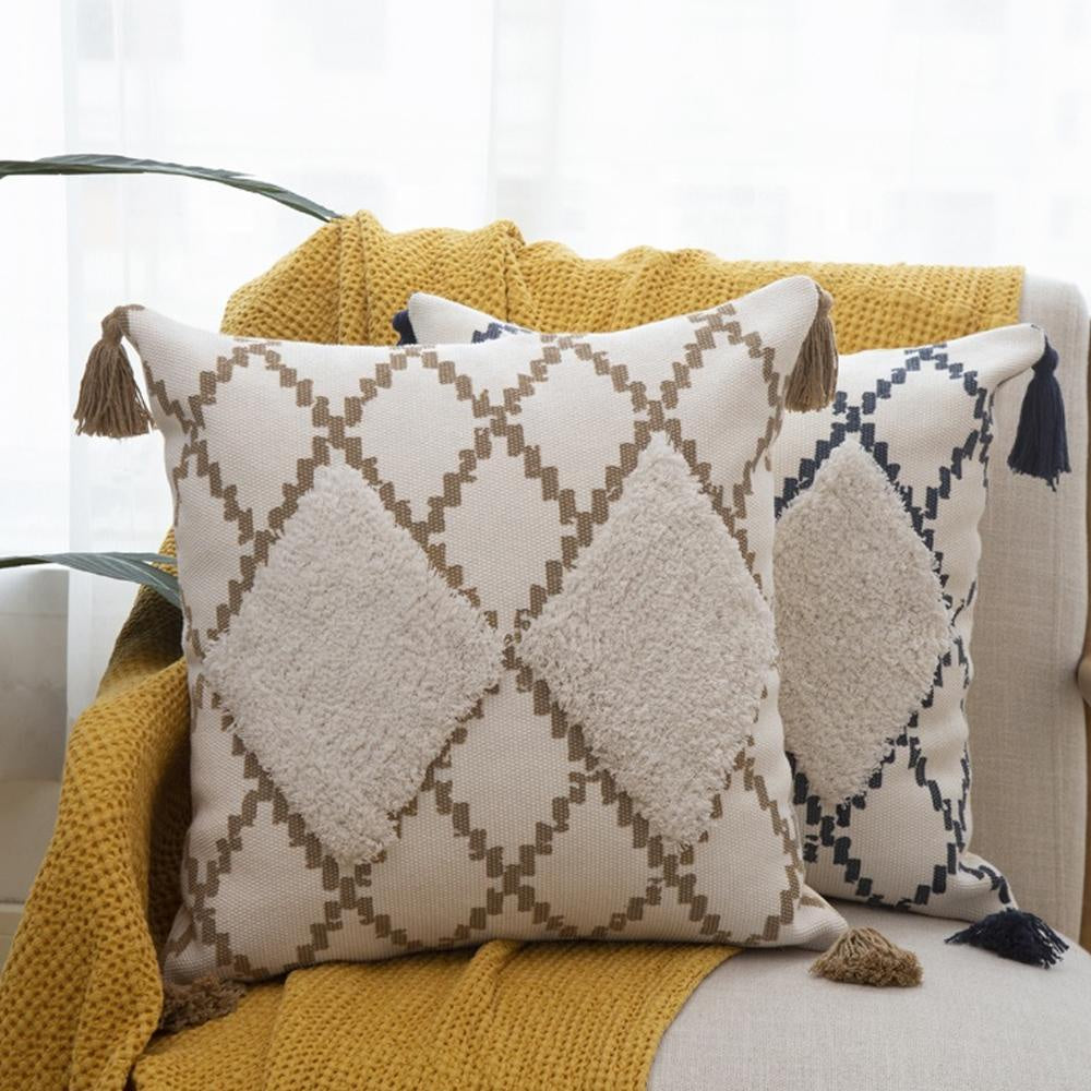 Geometric Tufted Cushion with Tassels وسادة