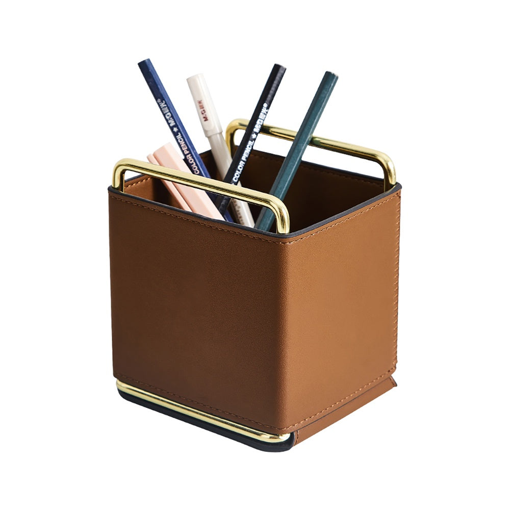 Tan & Gold Faux Leather Pen Holder SHDB8650007
