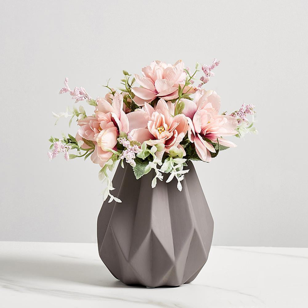 Faux Pink Floral Arrangement in Grey Ceramic Vase SHZHCE1167-F2