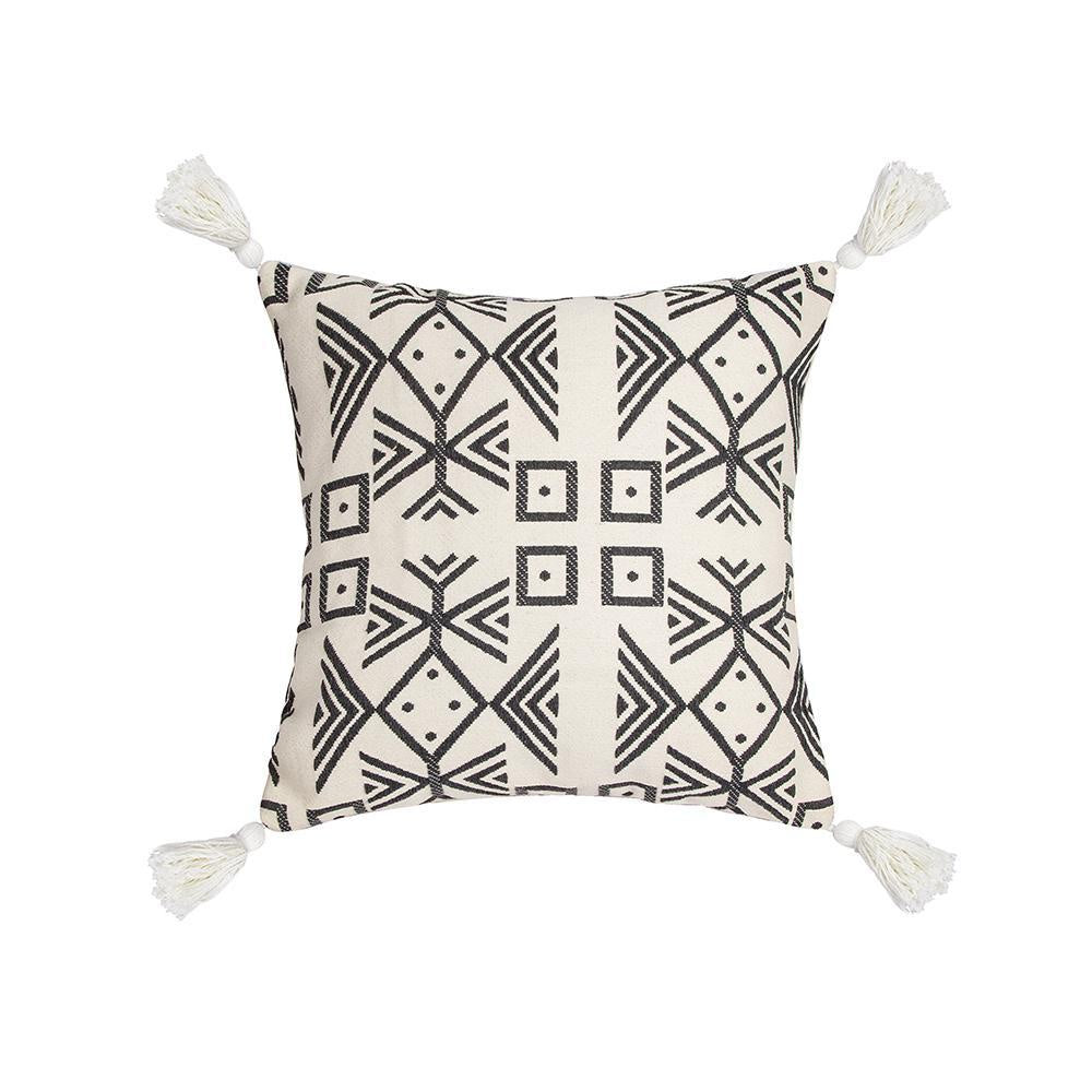 Black & White Woven Tribal Cushion with Ivory Tassels MND229