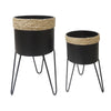 Set of 2 Black & Natural Metal Planters with Stands الغراس