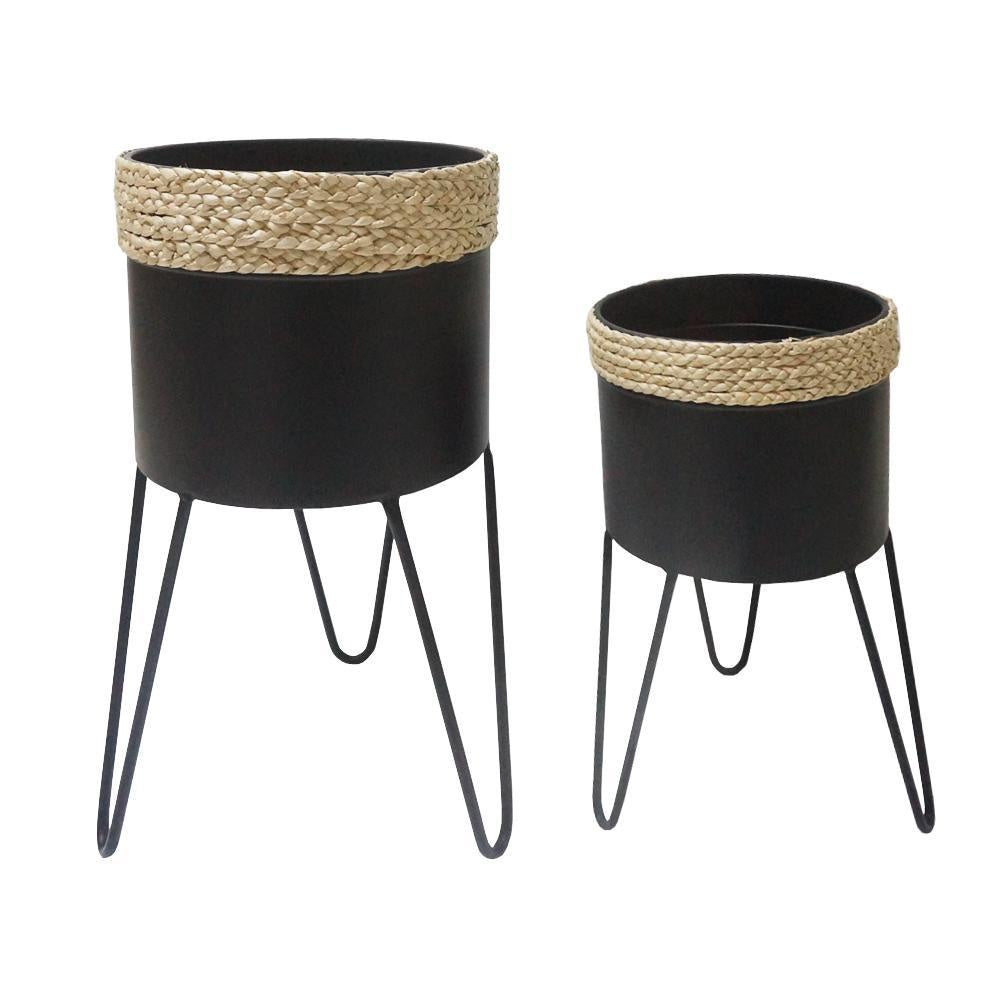Set of 2 Black & Natural Metal Planters with Stands الغراس