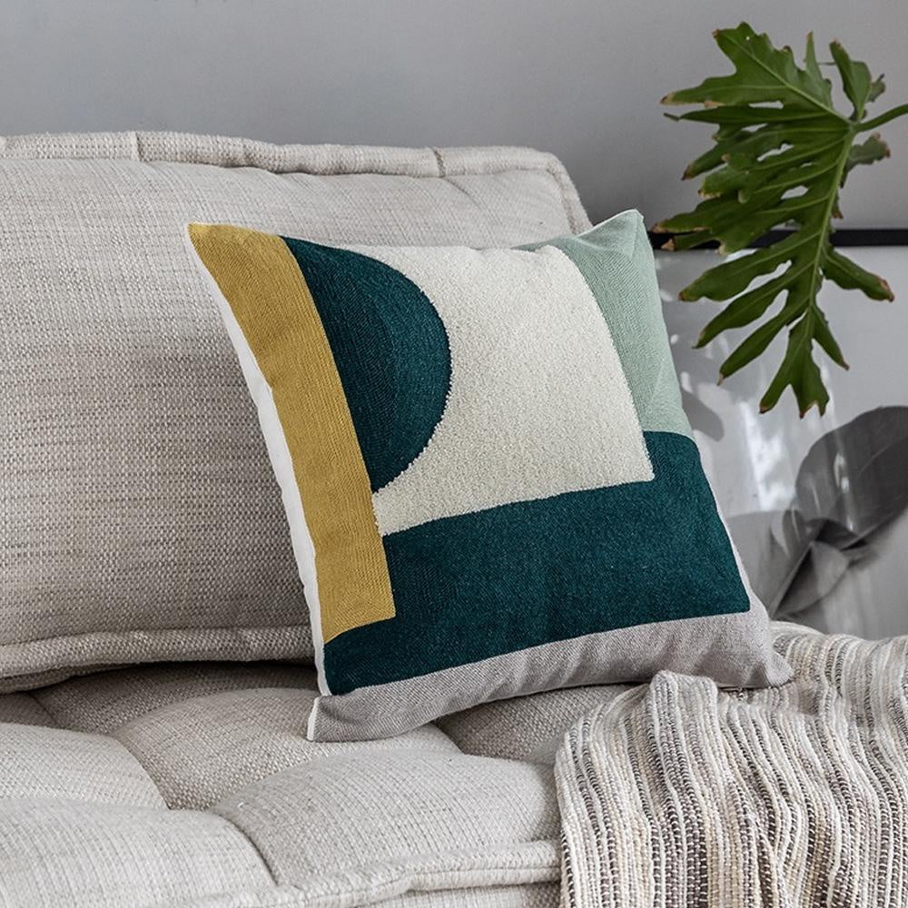 Teal & Ochre Geometric Embroidered Cushion MND221