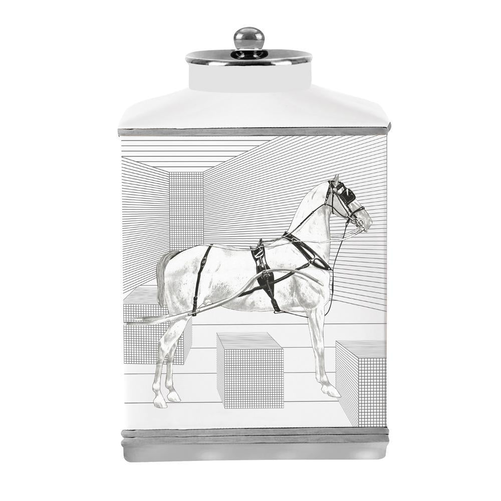 White & Silver Ceramic Jar with Horse Print - Large 600591