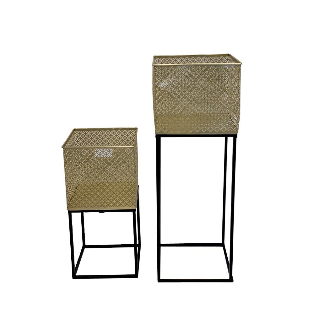 Set of 2 Gold & Black Square Metal Planters الغراس
