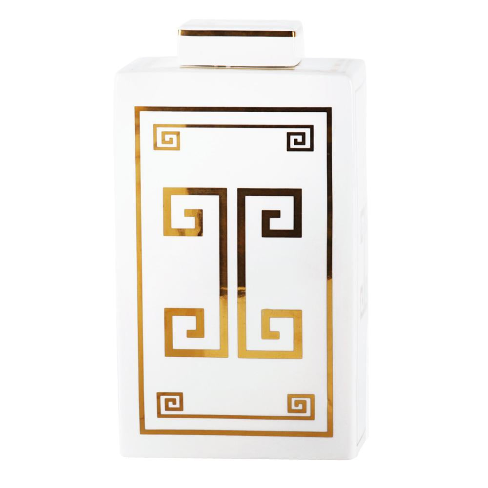 White & Gold Ceramic Jar with Greek Key Detail - Large 601294