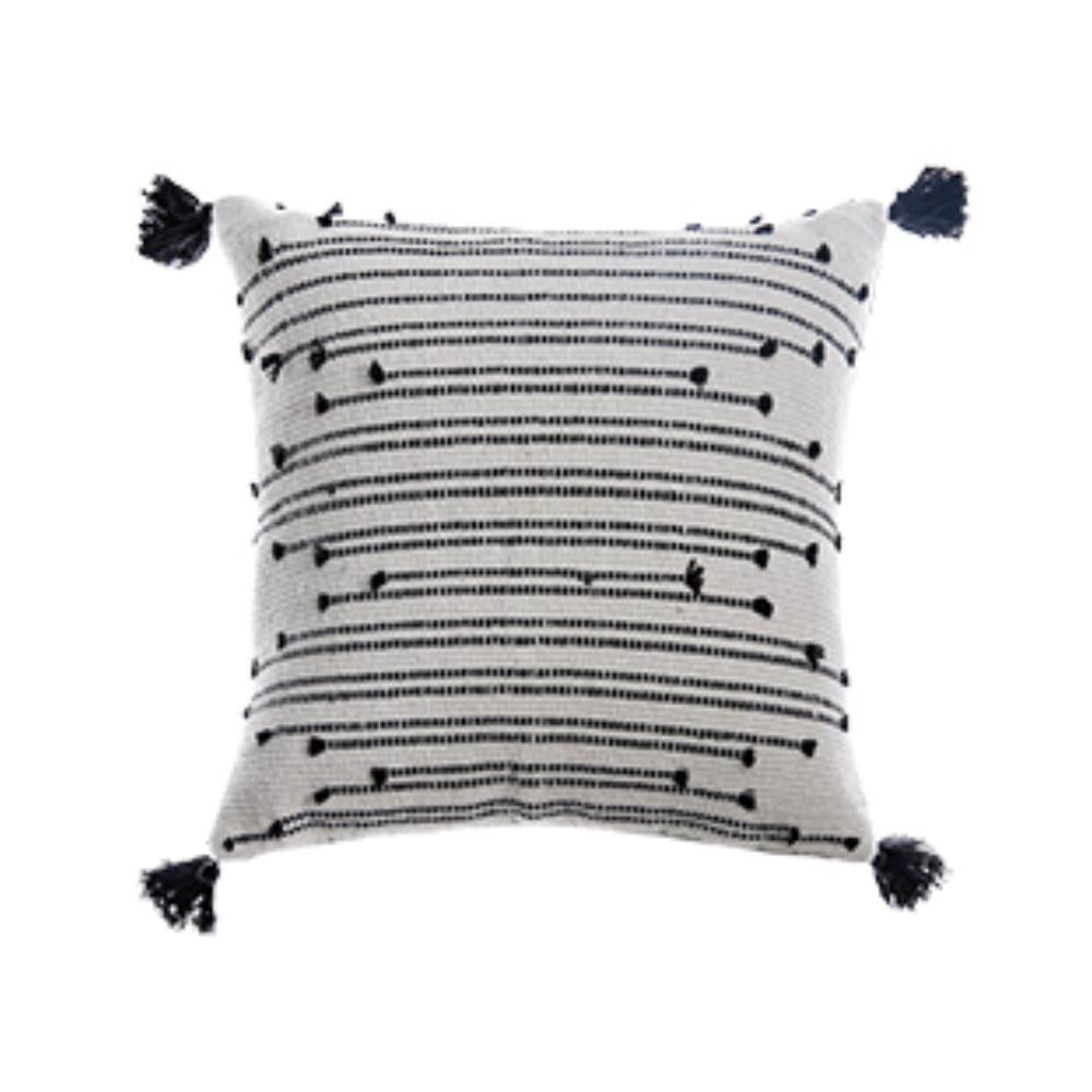 Black & White Embroidered Cushion with Tassels وسادة