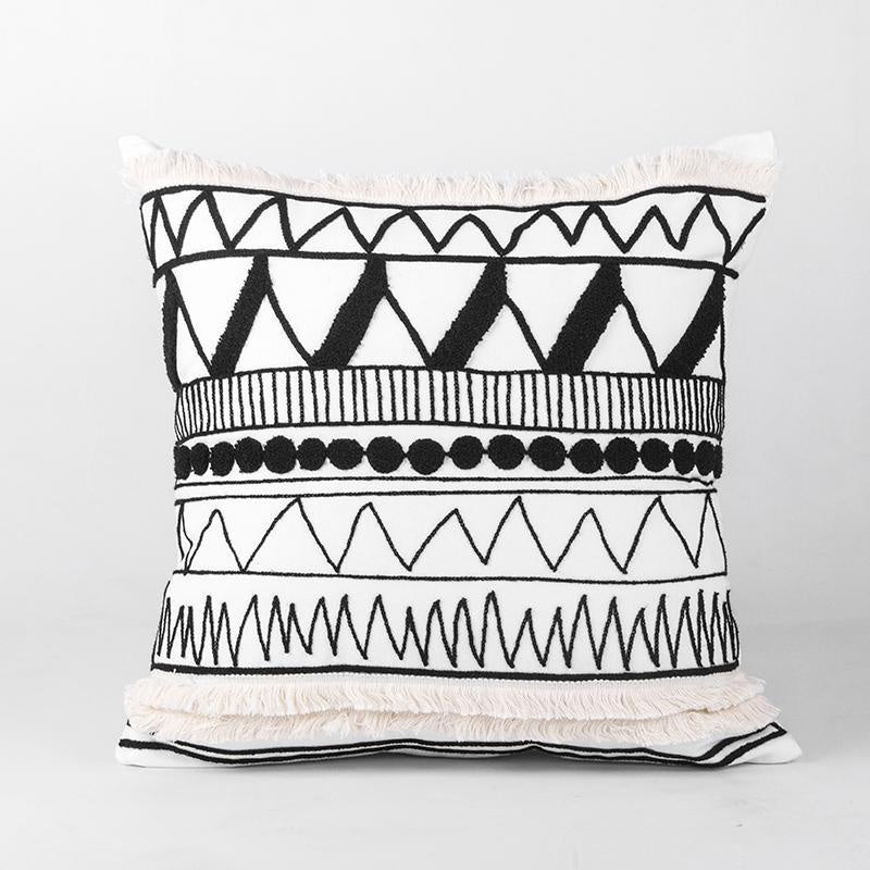 Black & White Embroidered Boho Cushion with Fringe MND119