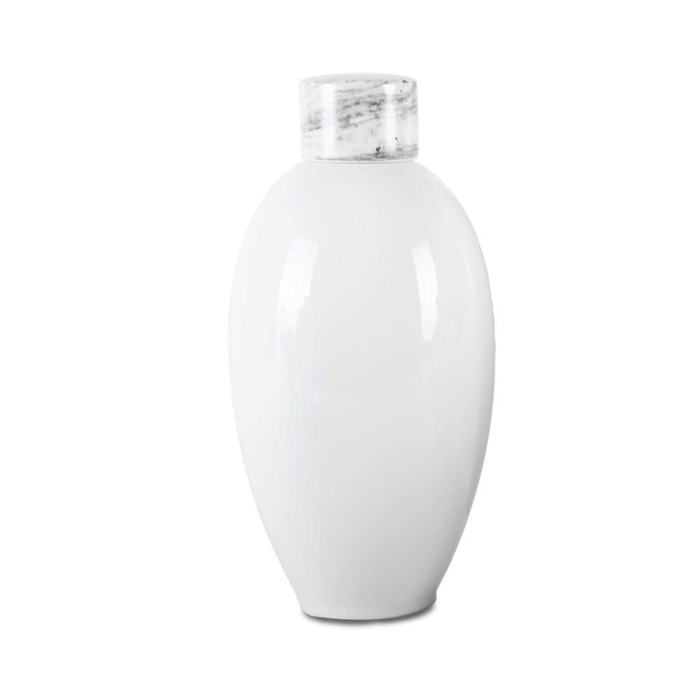 White Ceramic Jar with Marble Look Lid - Medium 602056