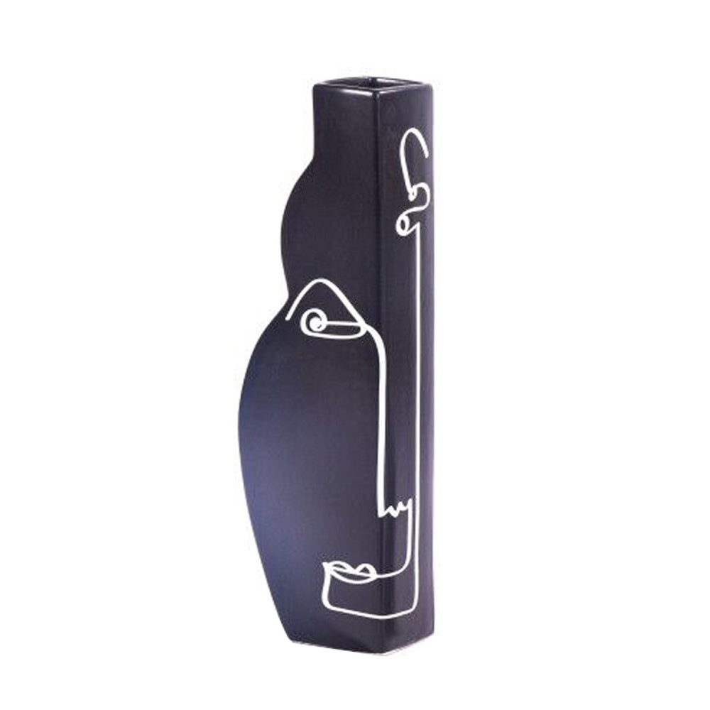 Black Ceramic Half Vase with Linear Art 608576
