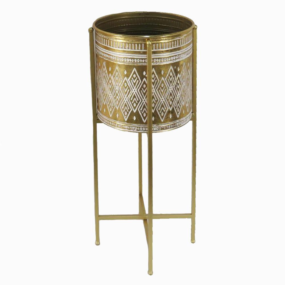 Gold and White Metal Planter on Gold Stand - Small الغراس