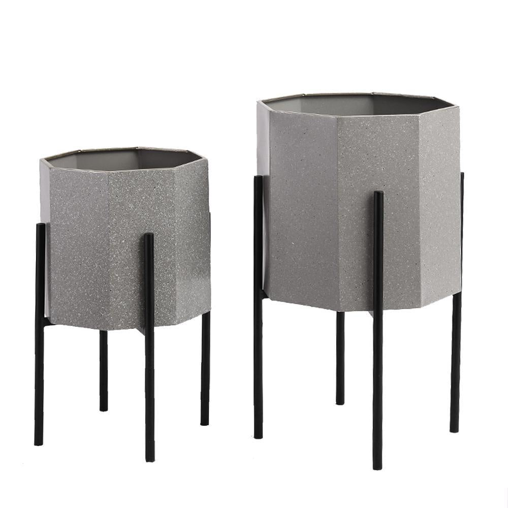 Set of 2 Grey Octagonal  Metal Planters with Black Legs الغراس