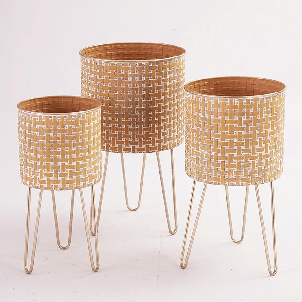 Set of 3 Gold Metal Planters on Gold Hairpin Legs الغراس