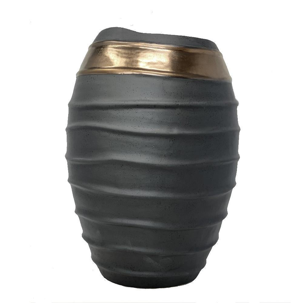 Black Ceramic Vase with Ripples & Bronze Metal Glazing WS-304-B-1
