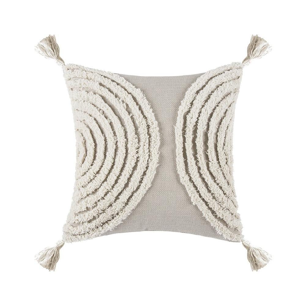 Beige & Ivory Woven Cushion with Tufted Pattern & Tassels MND249