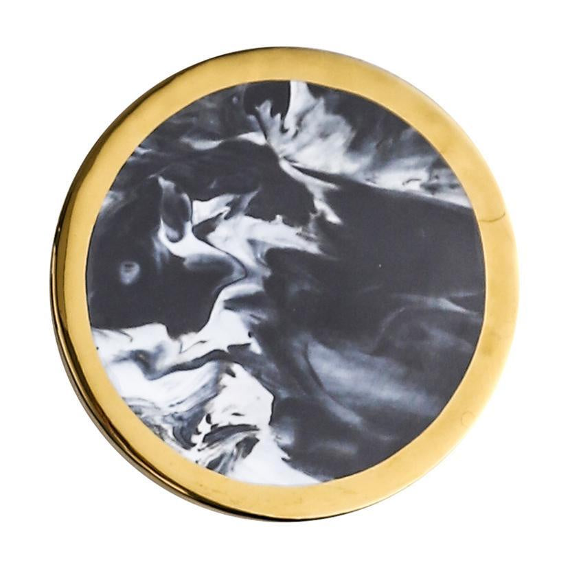 Black & White Marble Finish Ceramic Coaster with Gold Detail - Ring