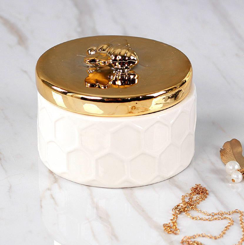 White & Gold Ceramic Honeycomb Jar - Small