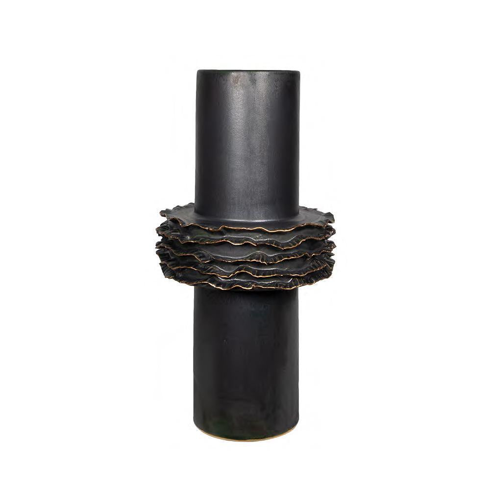 Black Ceramic Cylindrical Vase with Metal Glaze and Gold Ruffles HPJSY3445L2