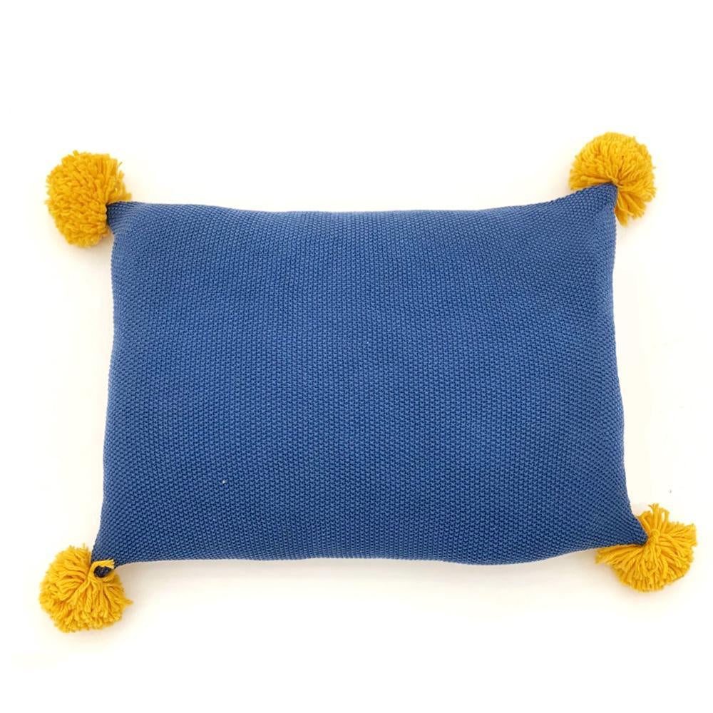 Navy Blue Knitted Cushion with Contrast Pom Poms MND177