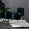 Set of 3 Green Ceramic Succulent Planters on Gold Stand SS045