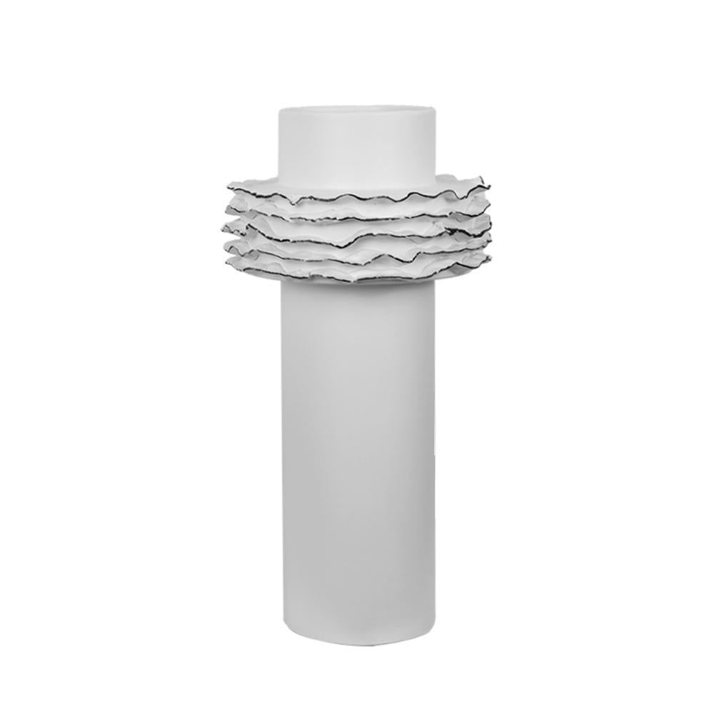 White Ceramic Cylindrical Vase with Black Ruffles HPYG3445W1